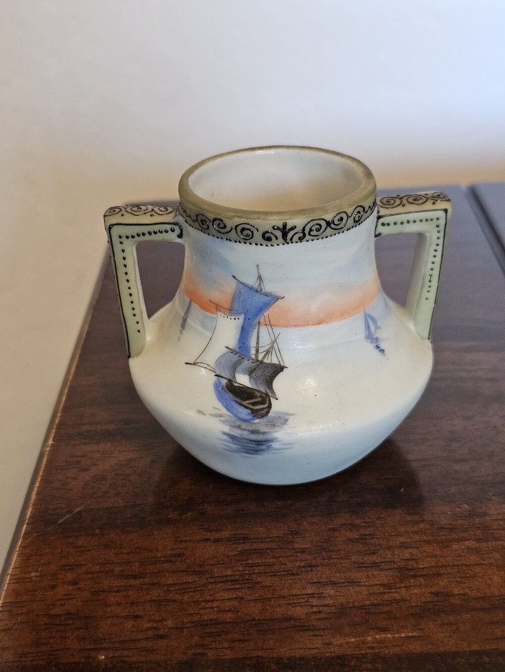 Hand-Painted Ceramic Two-Handled Vase in Cream, Blue and Orange